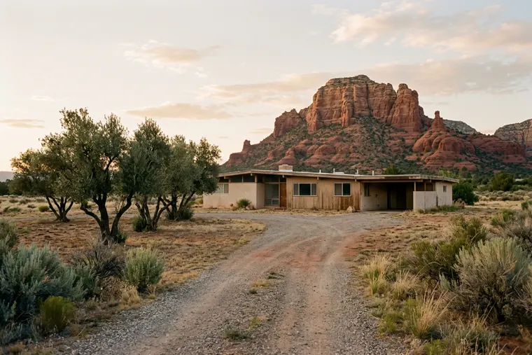 A dated mid-century house on a large desert lot with a red rock butte behind it at golden hour